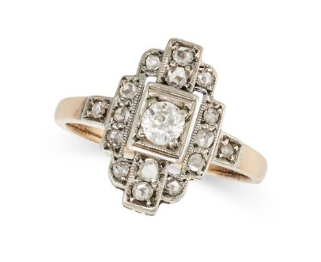 A DIAMOND DRESS RING in yellow gold, the geometric face set with a round brilliant cut diamond, accented by rose cut diamonds