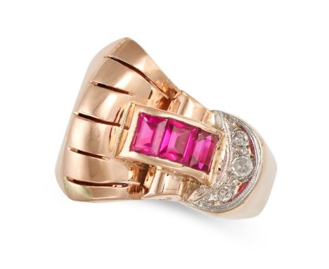 A RETRO SYNTHETIC RUBY AND DIAMOND RING in 18ct yellow gold, set with a row of rectangular step cut rubies accented by single