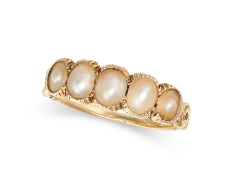 AN ANTIQUE VICTORIAN PEARL RING in yellow gold, the band set with five half pearls, no assay marks, size H1/2 / 4, 2.0g.&nbsp