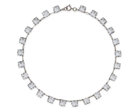 A PASTE RIVIERE NECKLACE in silver, comprising a single row of square step cut white paste stones, stamped 925, 40.0cm, 17.2g
