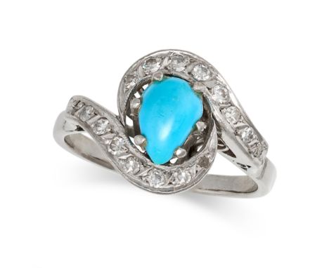 A TURQUOISE AND DIAMOND RING set with a pear shaped cabochon turquoise in a scrolling border set with single cut diamonds, no