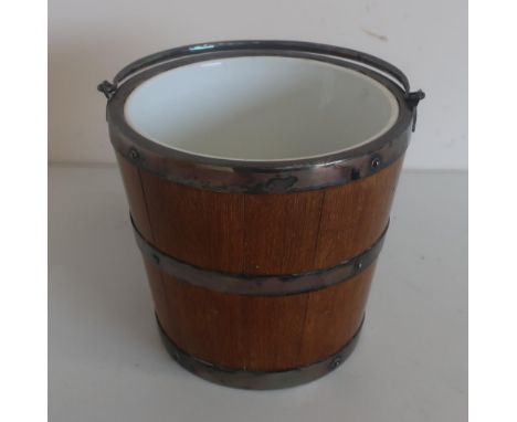 Oak and silver plated ice bucket with swing handle and ceramic liner (14cm) 