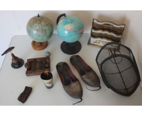 19th C mahogany framed leaf pressing, cows horn beaker, various shot, a carved wood figure of a fish mounted on stand, a fenc