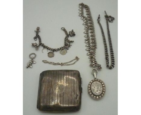 Victorian hallmarked silver oval double photo. locket on unmarked fancy link chain, a Geo. V cigarette case a silver charm br