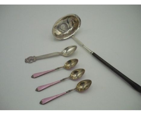 Victorian toddy ladle shaped bowl inset with a George lll silver shilling on twisted baleen handle (24cm long), three hallmar