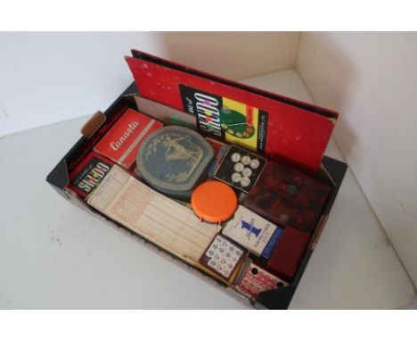 Collection of vintage playing cards including some advertising, card games, bridge tablets and markers Skudo board game, etc 