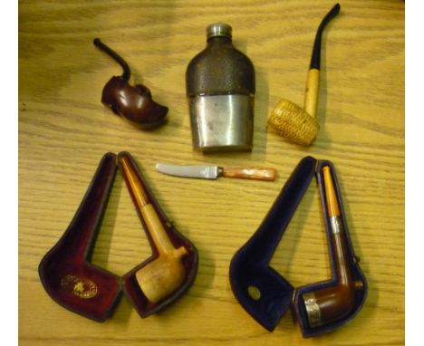 Silver mounted walnut pipe by WHC in fitted case, Meerchaum plain pipe in case, novelty pipe in shape of clog, another pipe, 