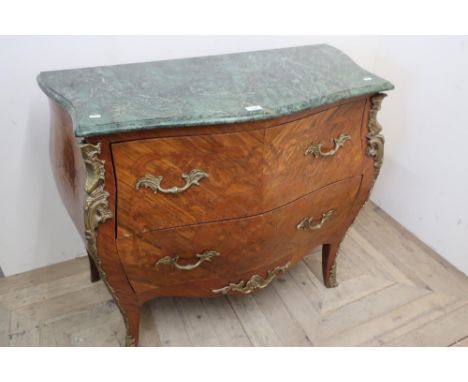 French inlaid Bombe commode, with green marble top and gilt metal mounts (100cm x 50cm x 89cm) 
