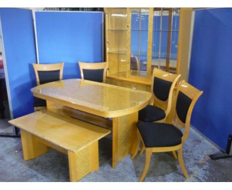 Contemporary light wood dining room suite, comprising: extending dining table, four chairs, mirror back side cabinet and coff