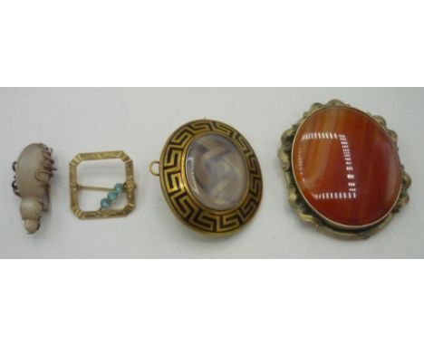Victorian gold plated oval mourning brooch with hair and photo. panels, a polished agate oval brooch, Edwardian aquamarine op