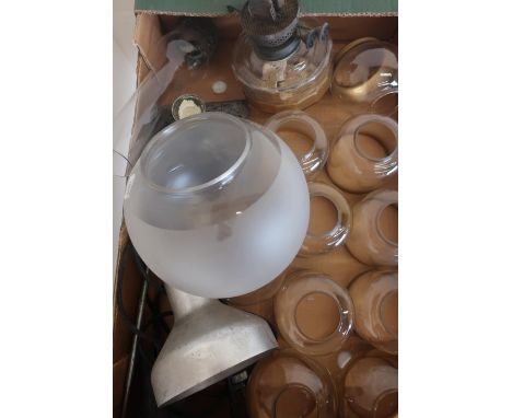 Vintage oil lamp with cast iron base with clear reservoir, chimney and shade, two Marler Haley clip-on lamps, one with stainl