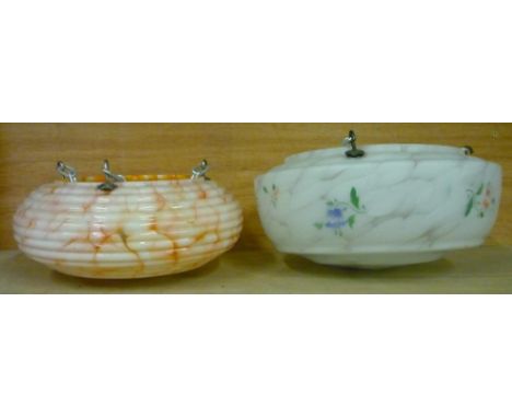 Mid century orange marbled effect ceiling light shade (37cm diameter), and another white glass shade with painted decoration 