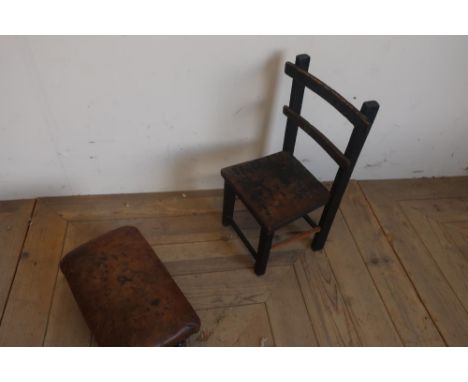 Small Folk Art child's chair, carved and  inscribed 'For My Pet', and a leather topped stool (2) 