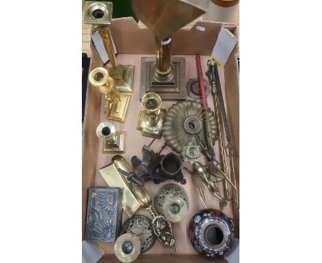 Selection of 19th Century brass candlesticks, cloisonne vase, brass Corinthian desk lamp, other metalware etc 