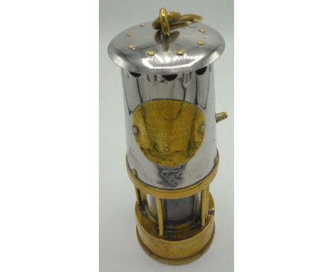 Polished brass and steel Protector Lamp &amp; Lighting Co. Eccles Type 6RS miners lamp stamped No. 8 