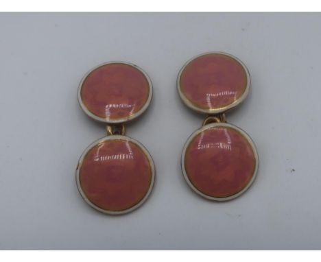 Pair of gold and pink guilloche enamel cufflinks, stamped 18 
