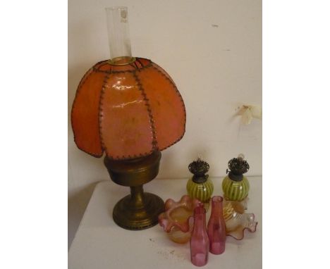 Copper oil lamp, pair of Vaseline glass lamps converted to electric and various shades etc 