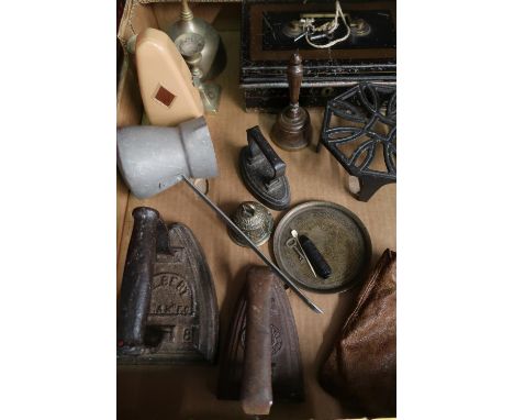 Albert flat iron, another flat iron, small flat iron, vintage cash-box, three vintage metal bells, trivet, metronome etc in o