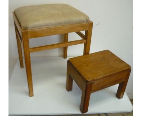 1950s light oak dressing table stood with inset padded top, and a small late Victorian beech stool (2) 