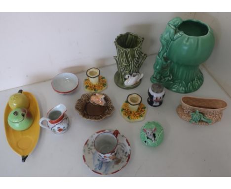 Three Sylvac vases decorated and ashtray mounted with animals, Carltonware part cruet, Japanese souvenir tea cup, saucer, sug
