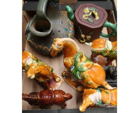 Selection of various glazed Chinese tang type horses, an Austrian Sheadro ceramic vase and a Chinese teapot etc 