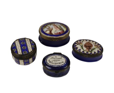 18TH CENTURY ENAMELLED 'BILSTON' SNUFF BOX decorated with the motto 'Peace and Plenty', another depicting a woman with a bird
