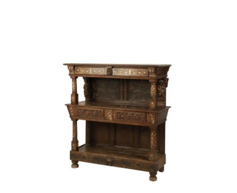 17TH CENTURY STYLE CONTINENTAL BONE AND MOTHER-OF-PEARL INLAID BUFFET a frieze drawer with lion mask over an open shelf, anot