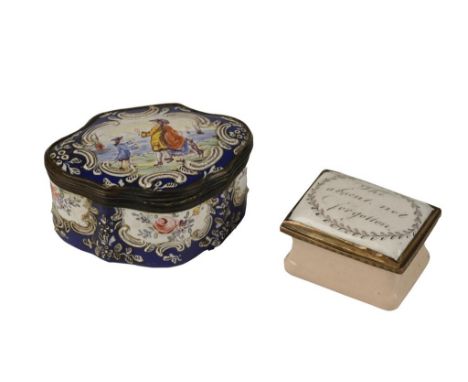 CONTINENTAL SHAPED ENAMEL SNUFF BOX the lid decorated with an 18th century coastal scene and family, and a patch box with the