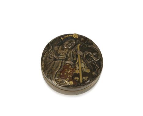 FINE JAPANESE MIXED METAL BOX AND COVER the lid decorated in high relief with a young beauty playing a string instrument (Biw