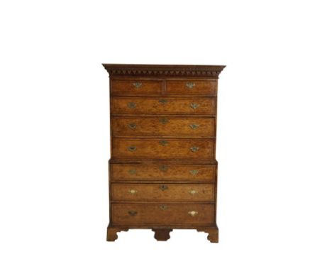 RARE GEORGE III POLLARD OAK CHEST ON CHEST CIRCA 1780 the dentil moulded cornice above two short and three long graduated dra