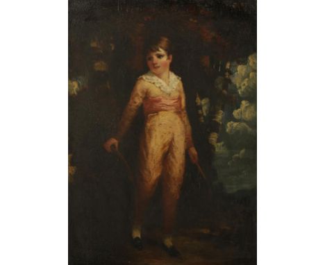 ENGLISH SCHOOL 19TH CENTURY Full length portrait of a young boy wearing a peach silk outfit with lace collar and pink sash, h