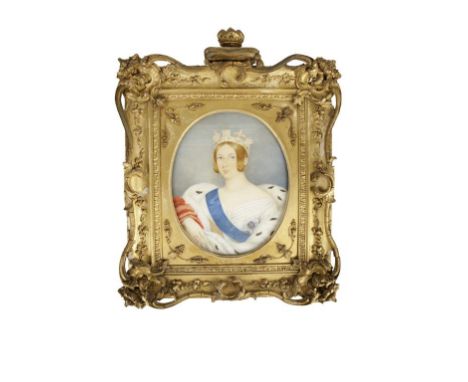 CONTINENTAL OVAL PORCELAIN PANEL painted with a young Queen Victoria, head and shoulders, wearing coronet and garter sash, 10