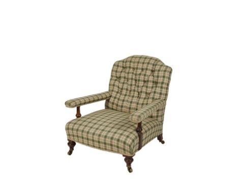 19TH CENTURY BUTTON BACK ARM CHAIR, with upholstered check fabric on turned mahogany legs to brass casters 80cm high, and Vic