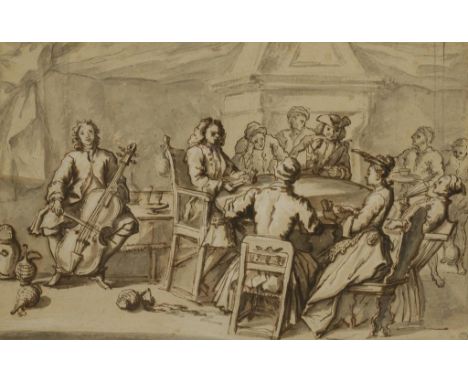 ASCRIBED TO WILLIAM HOGARTH (1697-1764) "THE CARD PARTY" A group of revelling figures playing cards in an interior, black cha
