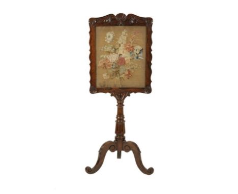 VICTORIAN ROSEWOOD SCREEN, MID 19TH CENTURY, the shell carved serpentine screen inset with a foliate needlepoint panel, on a 