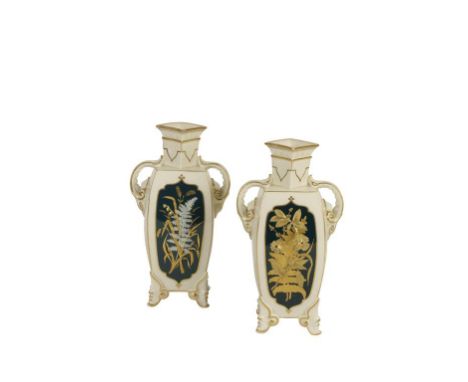 PAIR OF ROYAL WORCESTER "AESTHETIC MOVEMENT" SQUARE-SHAPED VASES the cream ground with dark blue cartouche, modelled in relie