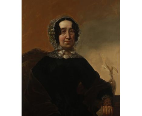 ENGLISH SCHOOL, 19TH CENTURY, A half length portrait of a lady seated in a button back chair beside a table, a small envelope