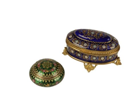 CONTINENTAL ENAMELLED JEWELLERY BOX with padded interior and an enamelled engine-turned pill box with floral decoration, 9.5c