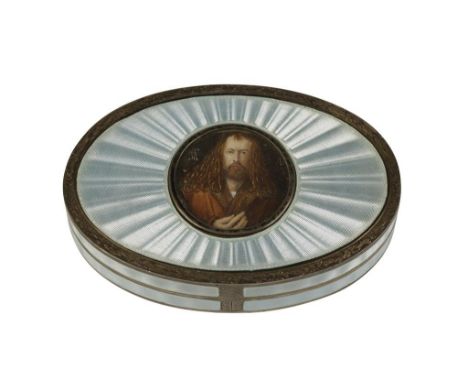 CONTINENTAL ENAMELLED SILVER BOX of oval form the lid inset with a miniature of Albrecht Durer's self-portrait at the age of 