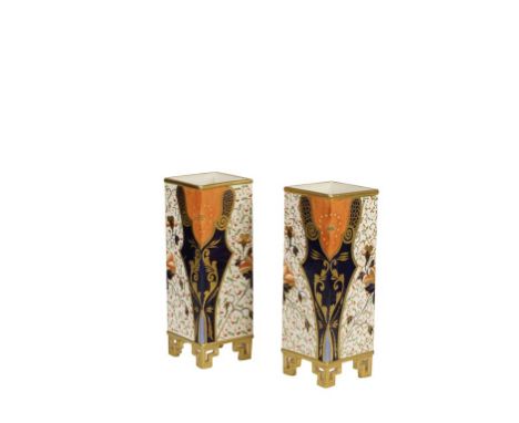 PAIR OF DAVENPORT "JAPANESQUE" SQUARE-SHAPED VASES decorated in the Imari style, on gilt pierced bracket feet, red printed ma