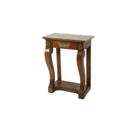 FRENCH EMPIRE MAHOGANY CONSOLE TABLE, EARLY 19TH CENTURY, with gilt-metal mounts, the rectangular marble top above one frieze