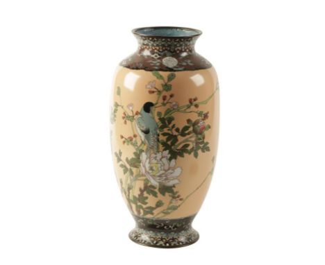 JAPANESE CLOISONNE ENAMEL VASE of baluster shape, the green ground decorated with flighting cranes within a butterfly border,