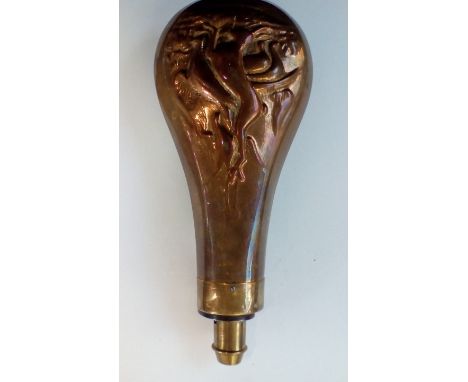 19th style copper powder flask depicting rabbit and pheasants 