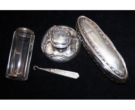 Silver Inkwell 2 Silver Bathroom Bottles and a Silver Mother of Pearl Button Hook