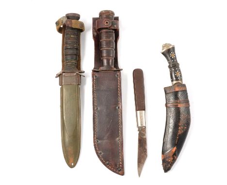 Two American Army combat knives - one blade marked US Utica Cut Co, leather handle and sheath, the second stamped USM3 Imperi