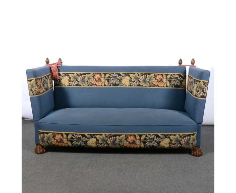 Knole type settee, rectangular back and wings, drop-ends, ball and claw feet, tapestry banded upholstery, length 202cm, depth