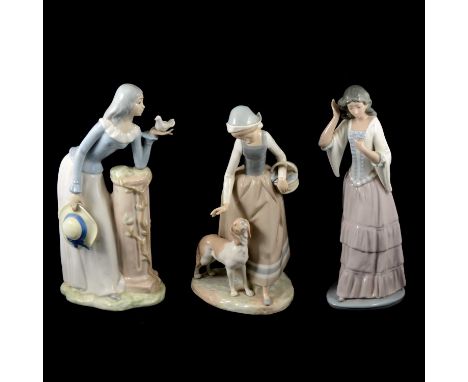 Nao Girl Holding Basket With Dog; Sleeping Shepherd Boy; Playing Nurse; Boy With Begging Dog; a Miquel Requena figurine; and 