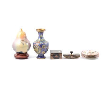 A cloisonne vase, dragon panels; a large porcelain pear with crystalline glaze, on wooden stand; four Kutani plates; an embro