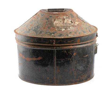 Old tin pith helmet box, engraved R Talbot Kelly, RA, with Southern Railway label, height 36cm.