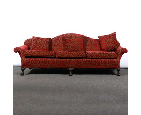 Large contemporary sofa, patterned upholstery, camel back, on short carved cabriole legs, length 260cm, depth 98cm, height 80